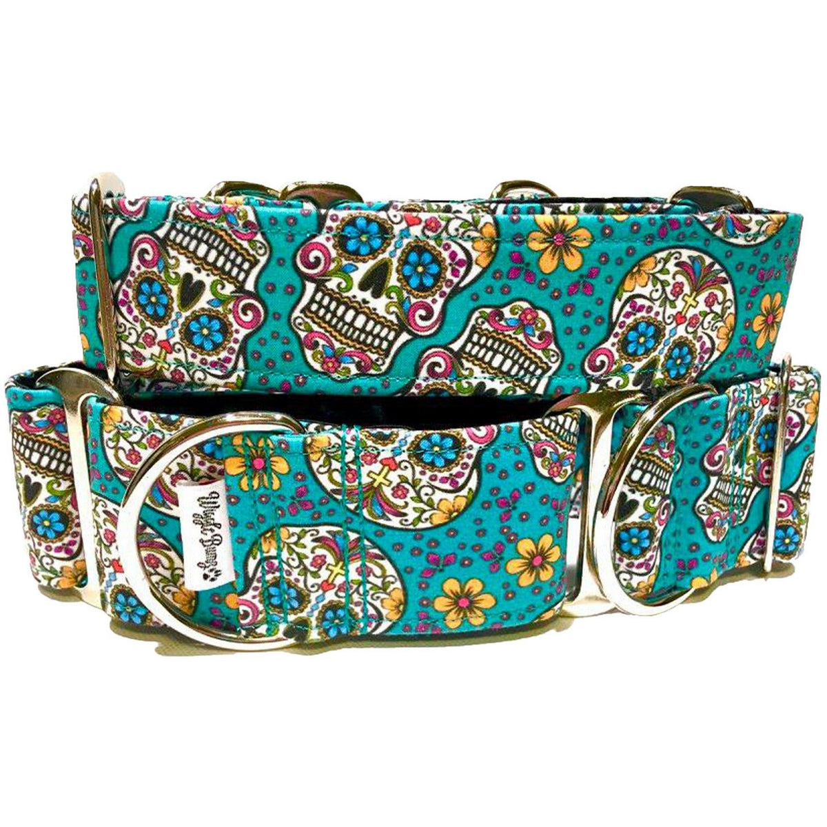 Teal Sugar Skulls Dog Collar by Big Paw Shop featuring a whimsical design on cotton fabric