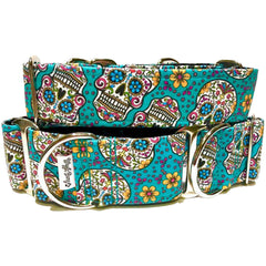 Teal Sugar Skulls Dog Collar by Big Paw Shop featuring a whimsical design on cotton fabric