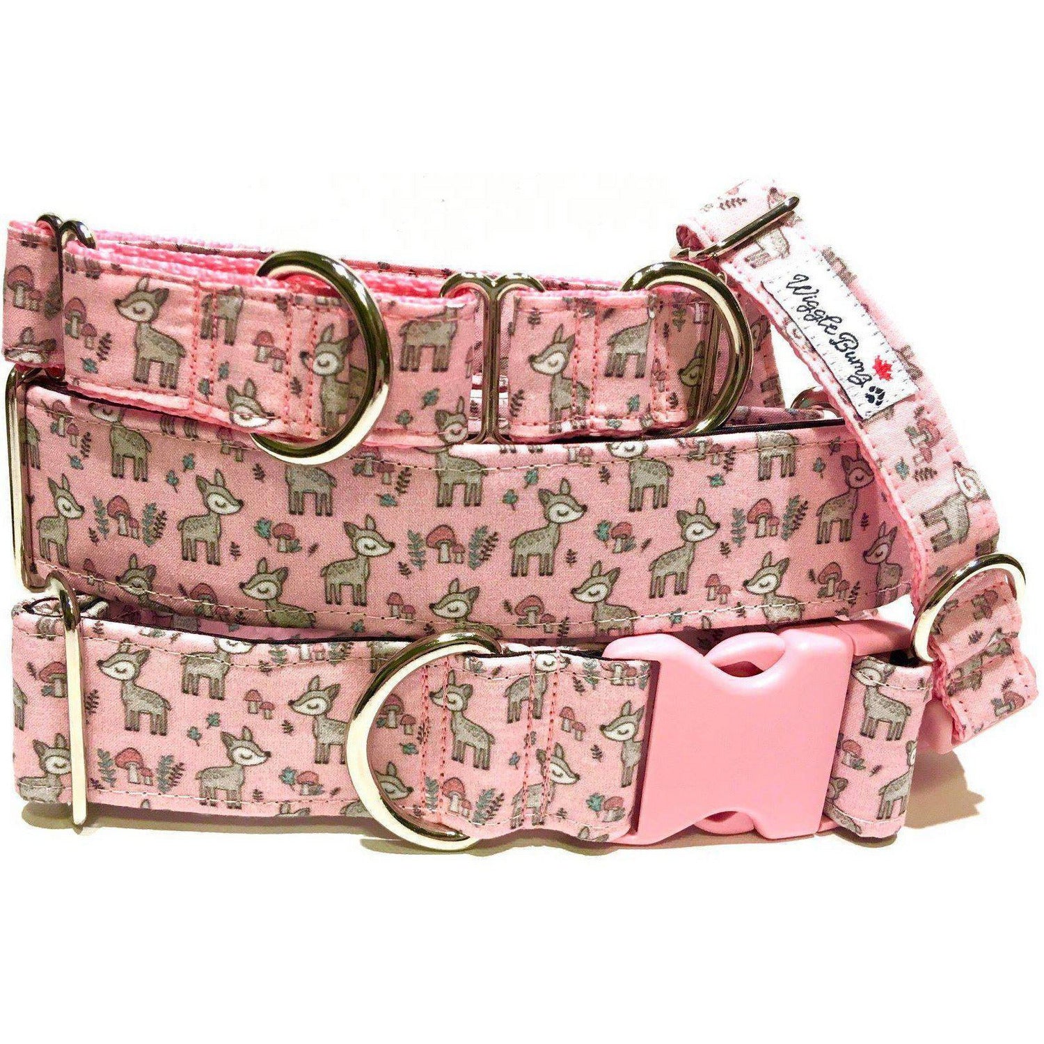 Little Deers in Pink Dog Collar by Big Paw Shop featuring a whimsical design on cotton fabric