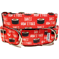 That's How I Roll (Sushi) Dog Collar by Big Paw Shop featuring a whimsical design on cotton fabric