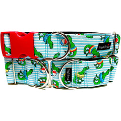 T-rex Beach Ball Dog Collar by Big Paw Shop featuring a whimsical design on cotton fabric