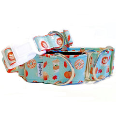 Pumpkin Spice Everything Dog Collar by Big Paw Shop featuring a whimsical design on cotton fabric